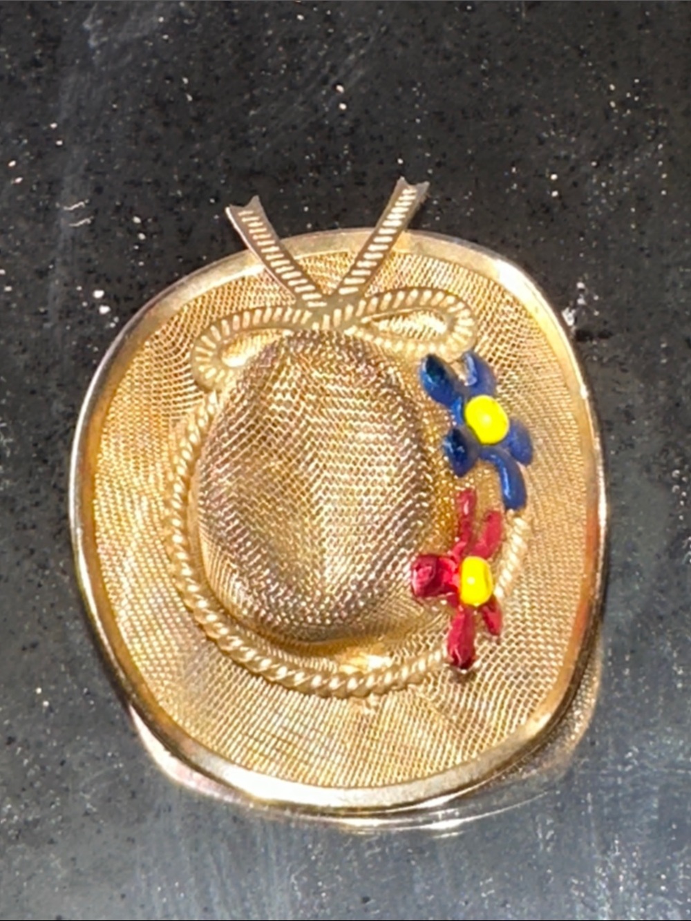 Gold Metal Straw Cowboy Hat Brooch with Blue and Red Flower Accents